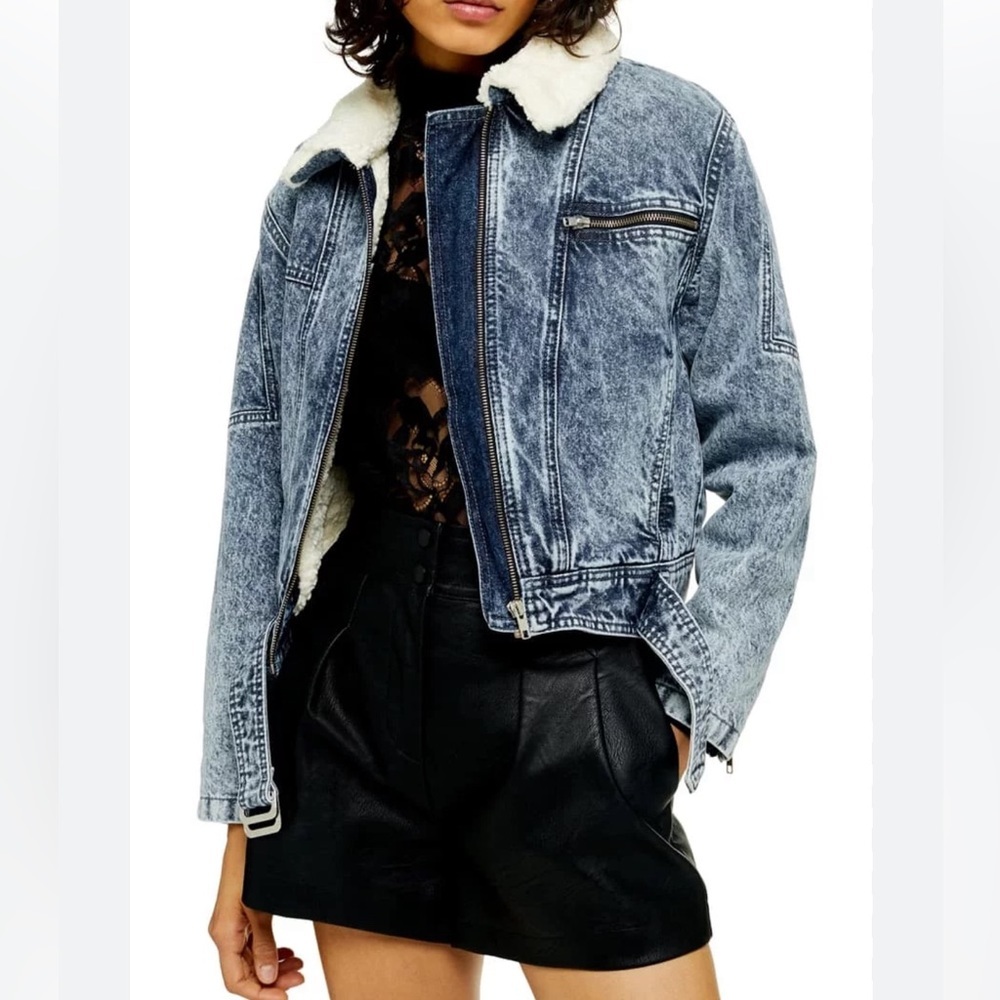 TOPSHOP Tibet Borg Denim Acid Washed Sherpa Lined Jacket
